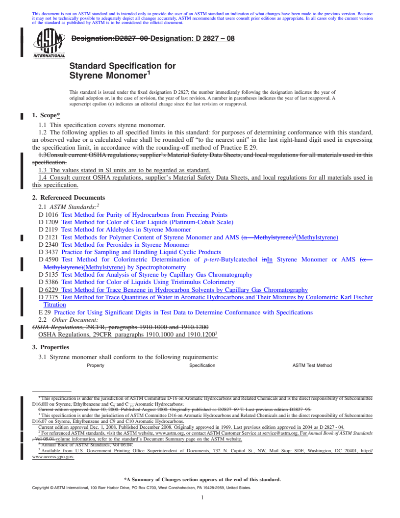 REDLINE ASTM D2827-08 - Standard Specification for Styrene Monomer