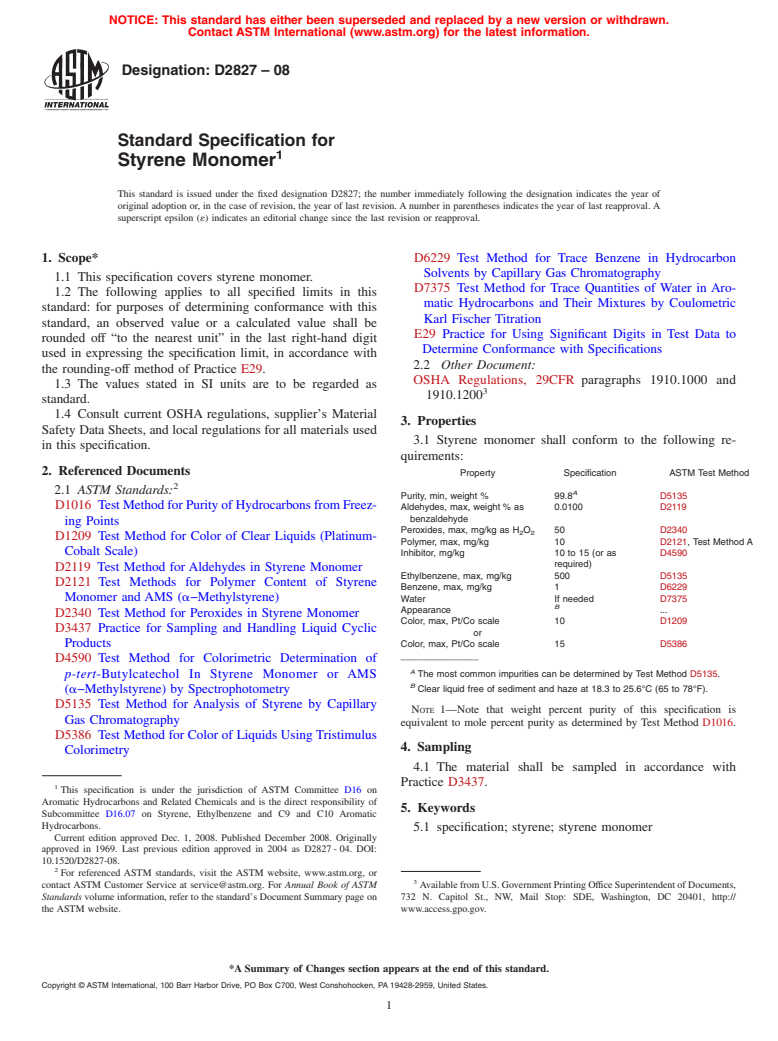 ASTM D2827-08 - Standard Specification for Styrene Monomer
