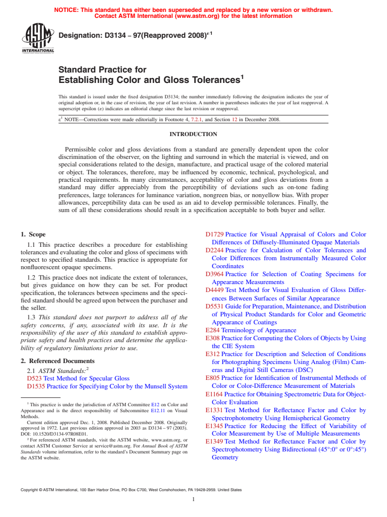 ASTM D3134-97(2008)e1 - Standard Practice for Establishing Color and Gloss Tolerances