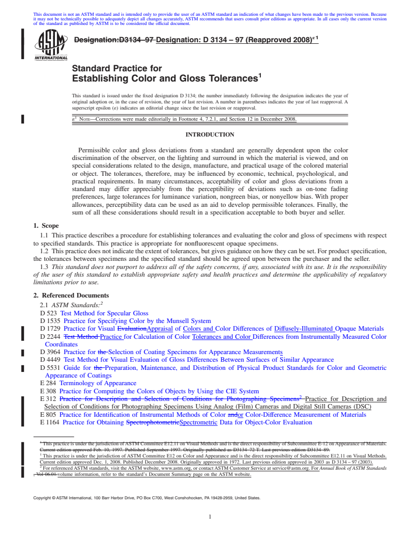 REDLINE ASTM D3134-97(2008)e1 - Standard Practice for Establishing Color and Gloss Tolerances