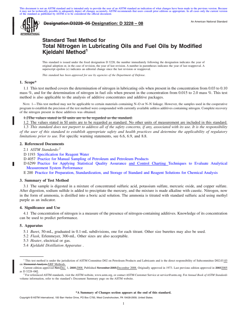 REDLINE ASTM D3228-08 - Standard Test Method for Total Nitrogen in Lubricating Oils and Fuel Oils by Modified Kjeldahl Method