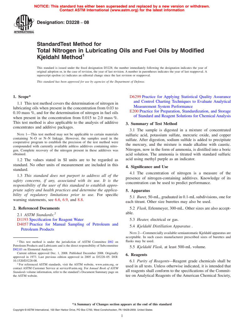 ASTM D3228-08 - Standard Test Method for Total Nitrogen in Lubricating Oils and Fuel Oils by Modified Kjeldahl Method