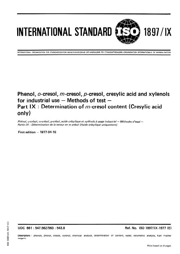 ISO 1897-9:1977 - Phenol, o-cresol, m-cresol, p-cresol, cresylic acid and xylenols for industrial use -- Methods of test