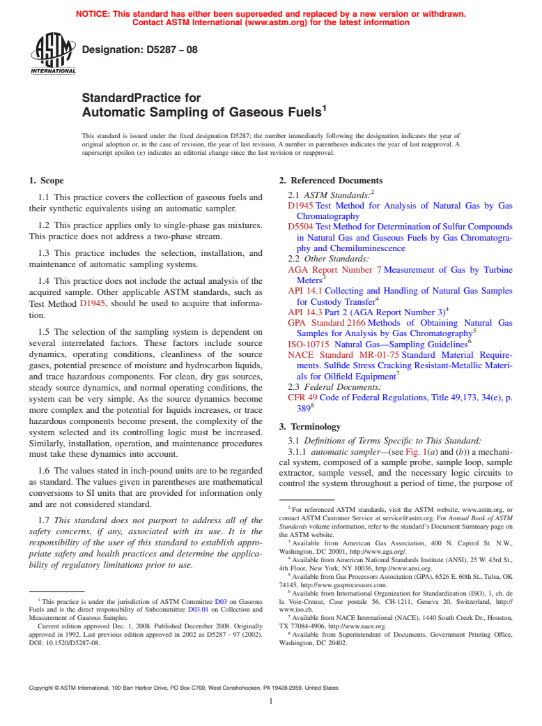 ASTM D5287-08 - Standard Practice for Automatic Sampling of Gaseous Fuels