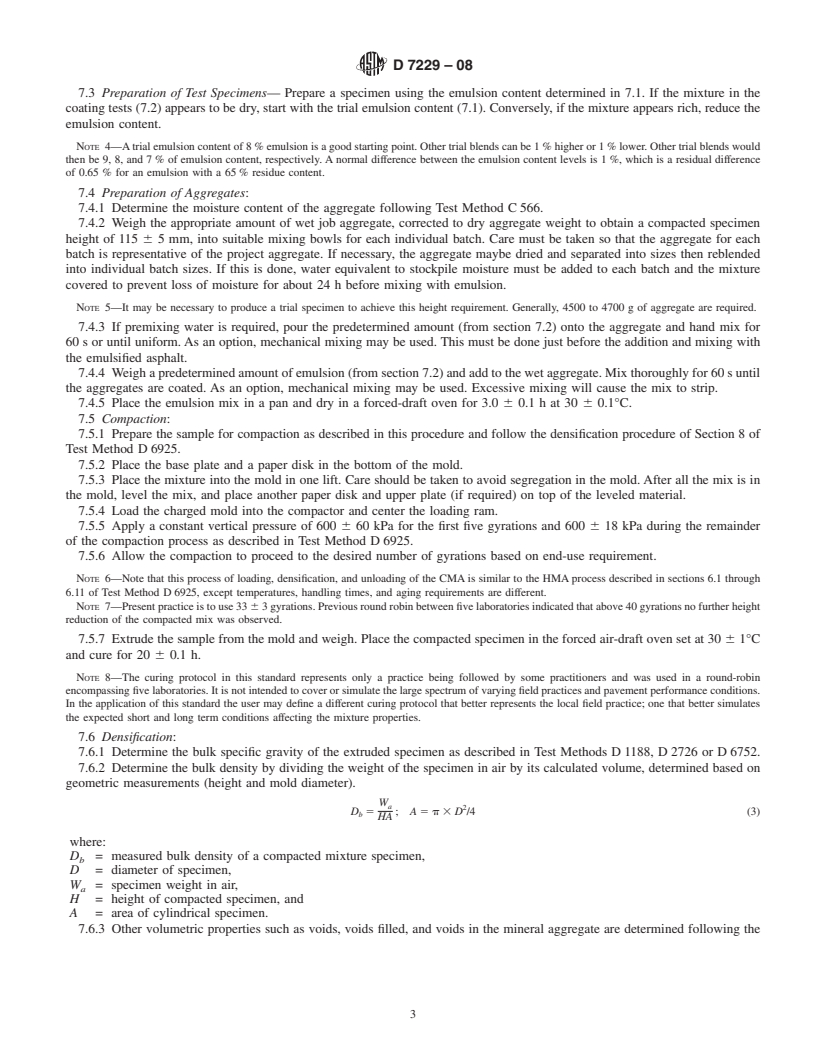 REDLINE ASTM D7229-08 - Standard Test Method for Preparation and Determination of the Bulk Specific Gravity of Dense-Graded Cold Mix Asphalt (CMA) Specimens by Means of the Superpave Gyratory Compactor