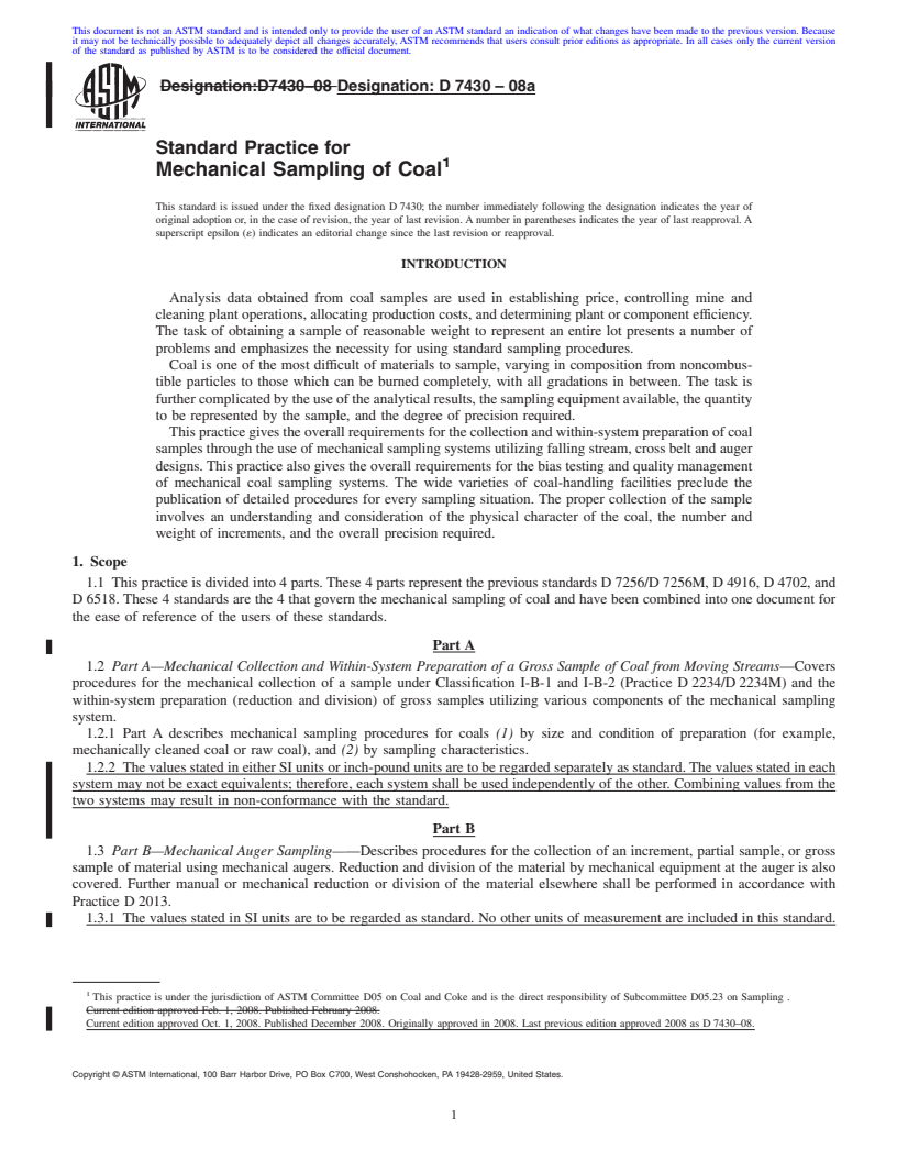 REDLINE ASTM D7430-08a - Standard Practice for Mechanical Sampling of Coal