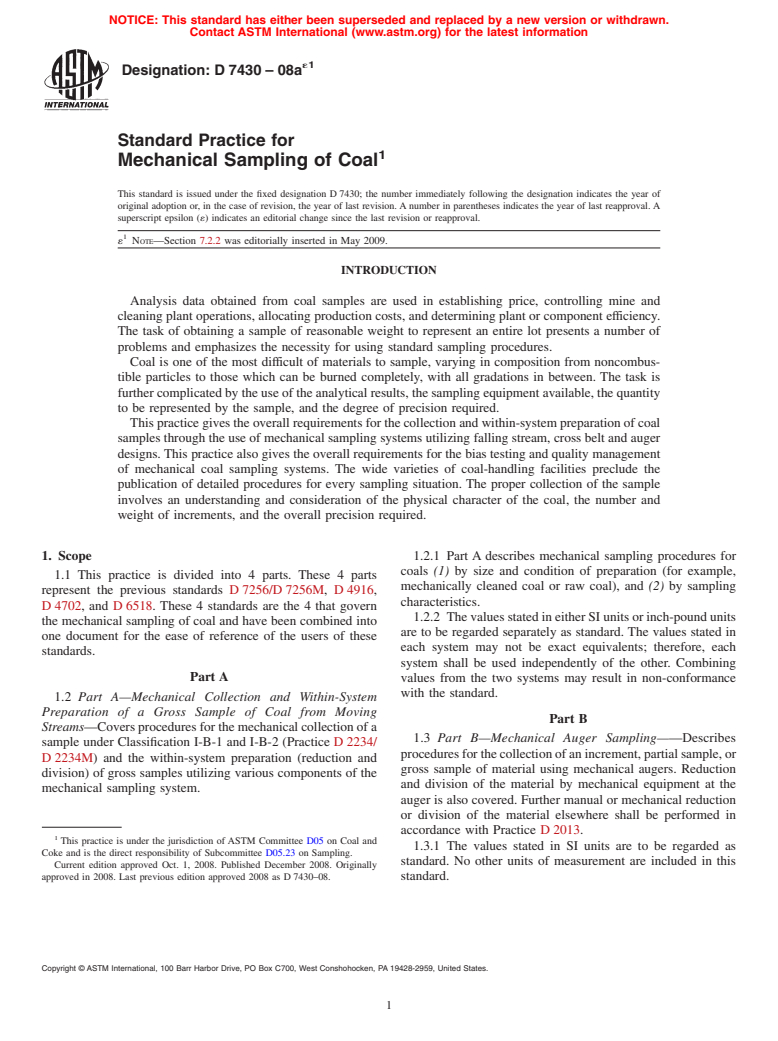 ASTM D7430-08a - Standard Practice for Mechanical Sampling of Coal