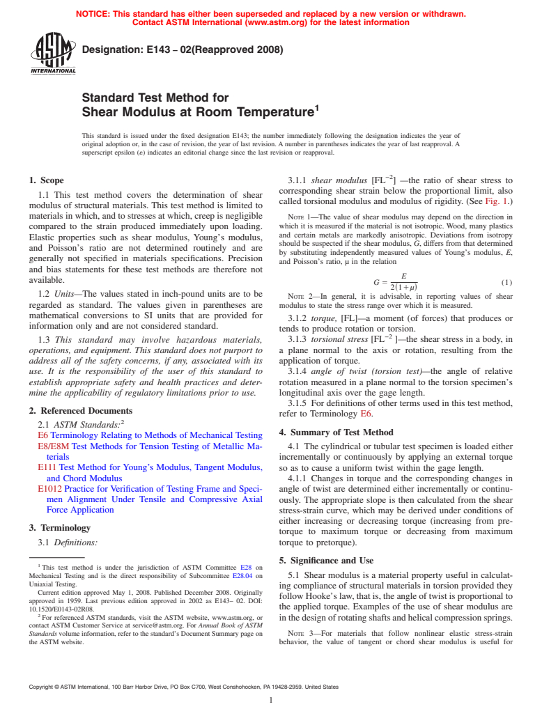 ASTM E143-02(2008) - Standard Test Method for Shear Modulus at Room Temperature