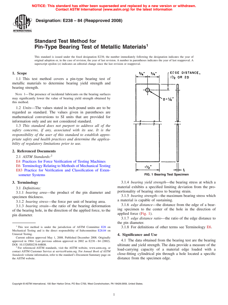 ASTM E238-84(2008) - Standard Test Method for Pin-Type Bearing Test of Metallic Materials