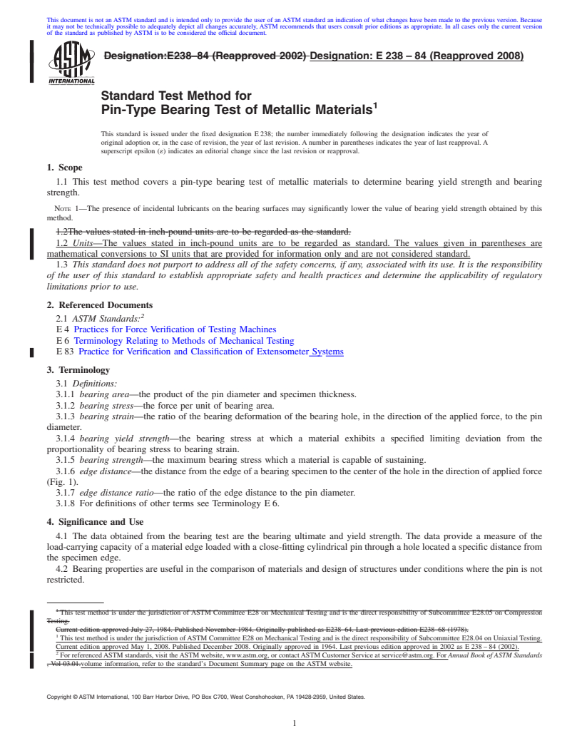 REDLINE ASTM E238-84(2008) - Standard Test Method for Pin-Type Bearing Test of Metallic Materials