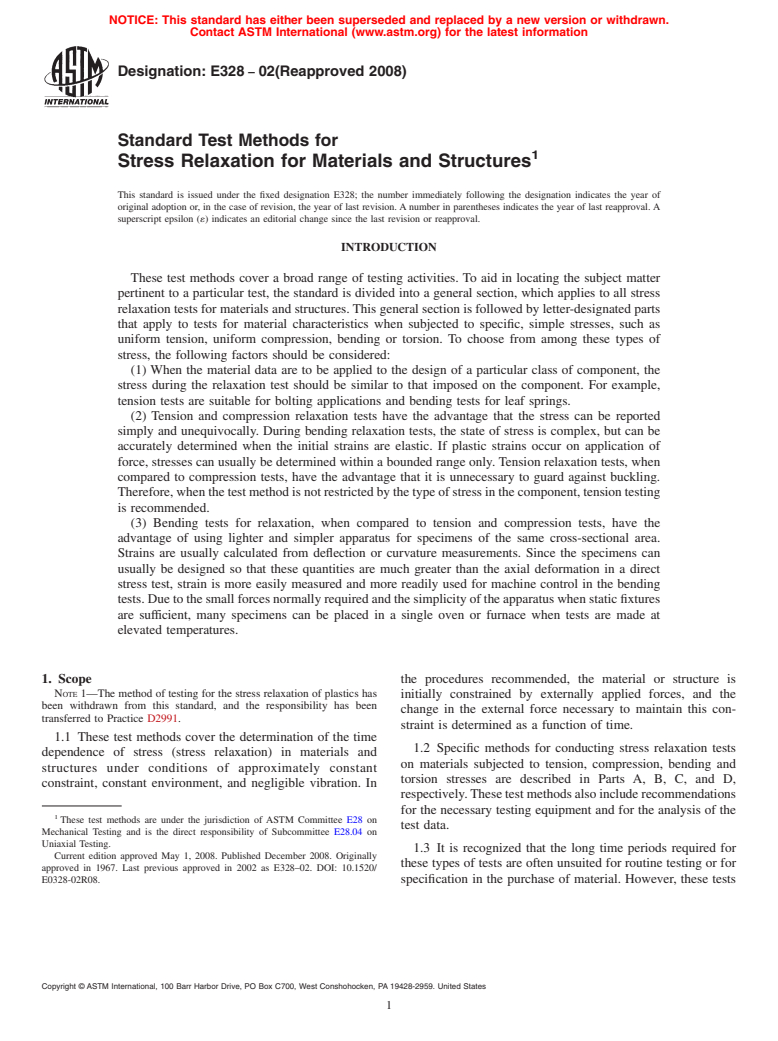 ASTM E328-02(2008) - Standard Test Methods for Stress Relaxation Tests for Materials and Structures