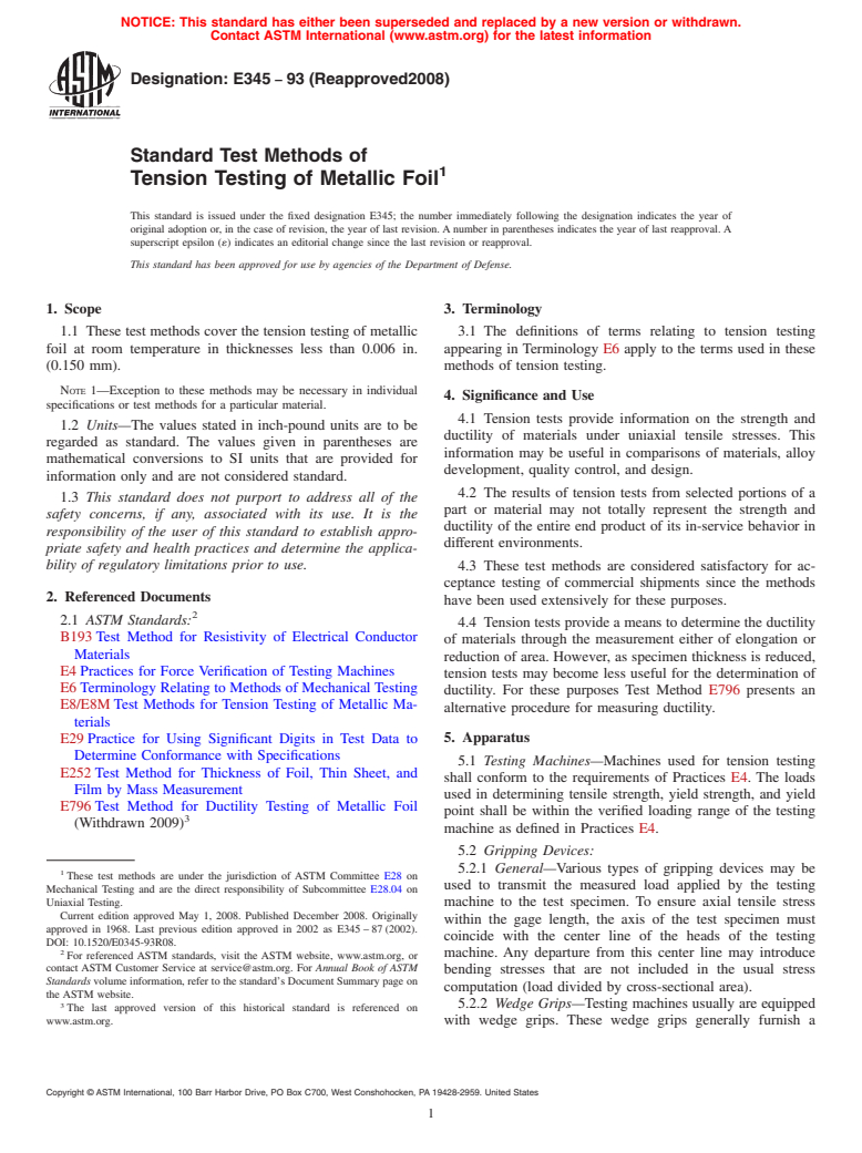 ASTM E345-93(2008) - Standard Test Methods of Tension Testing of Metallic Foil