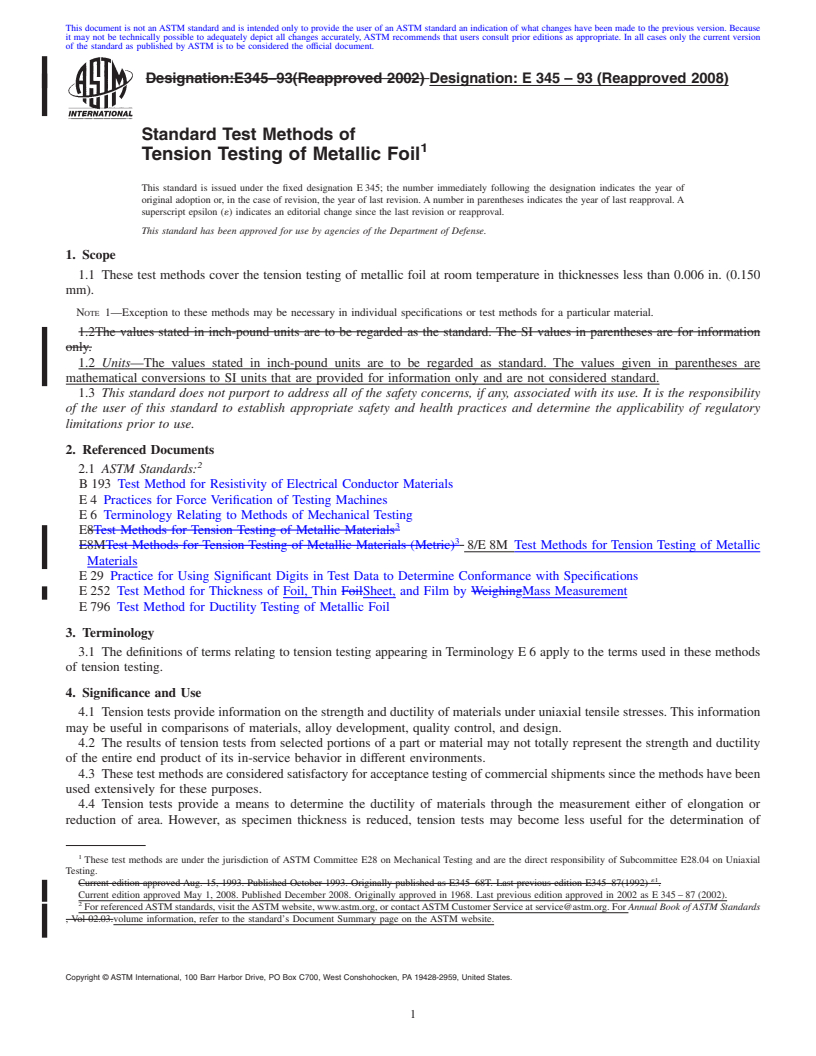 REDLINE ASTM E345-93(2008) - Standard Test Methods of Tension Testing of Metallic Foil