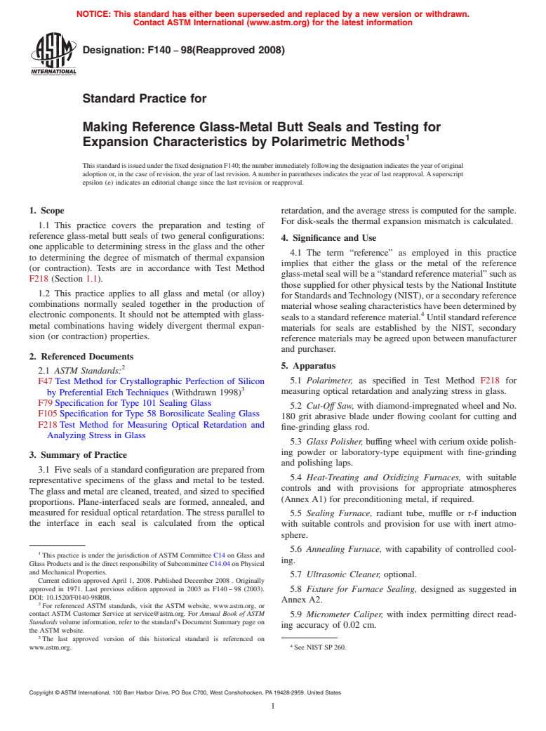 ASTM F140-98(2008) - Standard Practice for Making Reference Glass-Metal Butt Seals and Testing for Expansion Characteristics by Polarimetric Methods