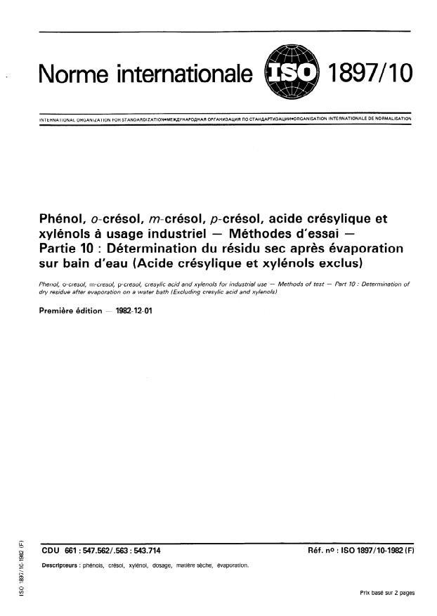 ISO 1897-10:1982 - Phénol, o-crésol, m-crésol, p-crésol, acide crésylique et xylénols a usage industriel -- Méthodes d'essai