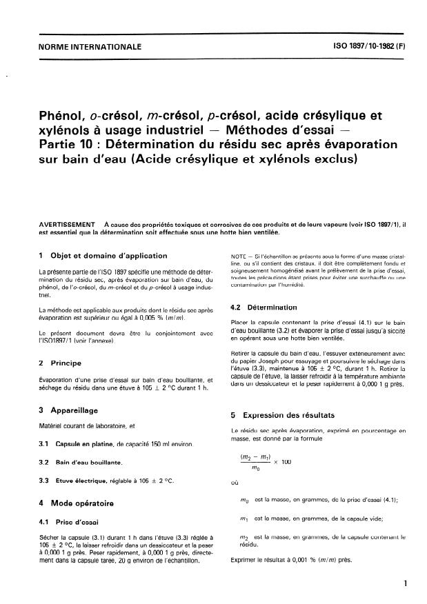 ISO 1897-10:1982 - Phénol, o-crésol, m-crésol, p-crésol, acide crésylique et xylénols a usage industriel -- Méthodes d'essai