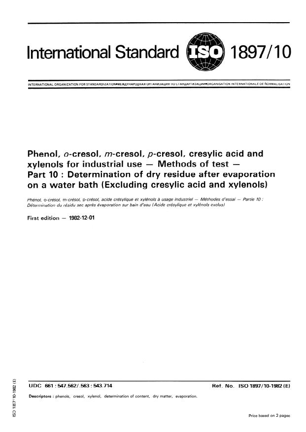 ISO 1897-10:1982 - Phenol, o-cresol, m-cresol, p-cresol, cresylic acid and xylenols for industrial use -- Methods of test
