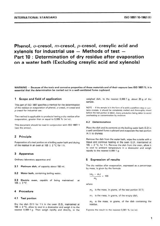 ISO 1897-10:1982 - Phenol, o-cresol, m-cresol, p-cresol, cresylic acid and xylenols for industrial use -- Methods of test