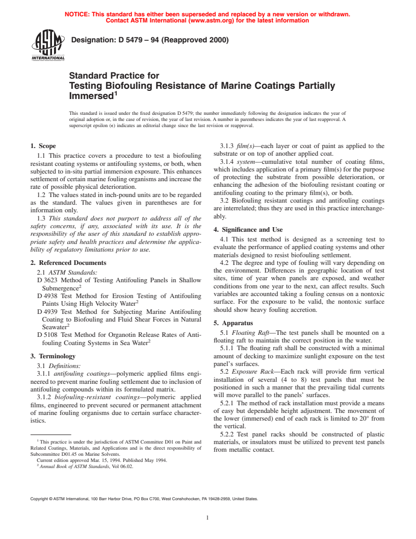 ASTM D5479-94(2000) - Standard Practice for Testing Biofouling Resistance of Marine Coatings Partially Immersed