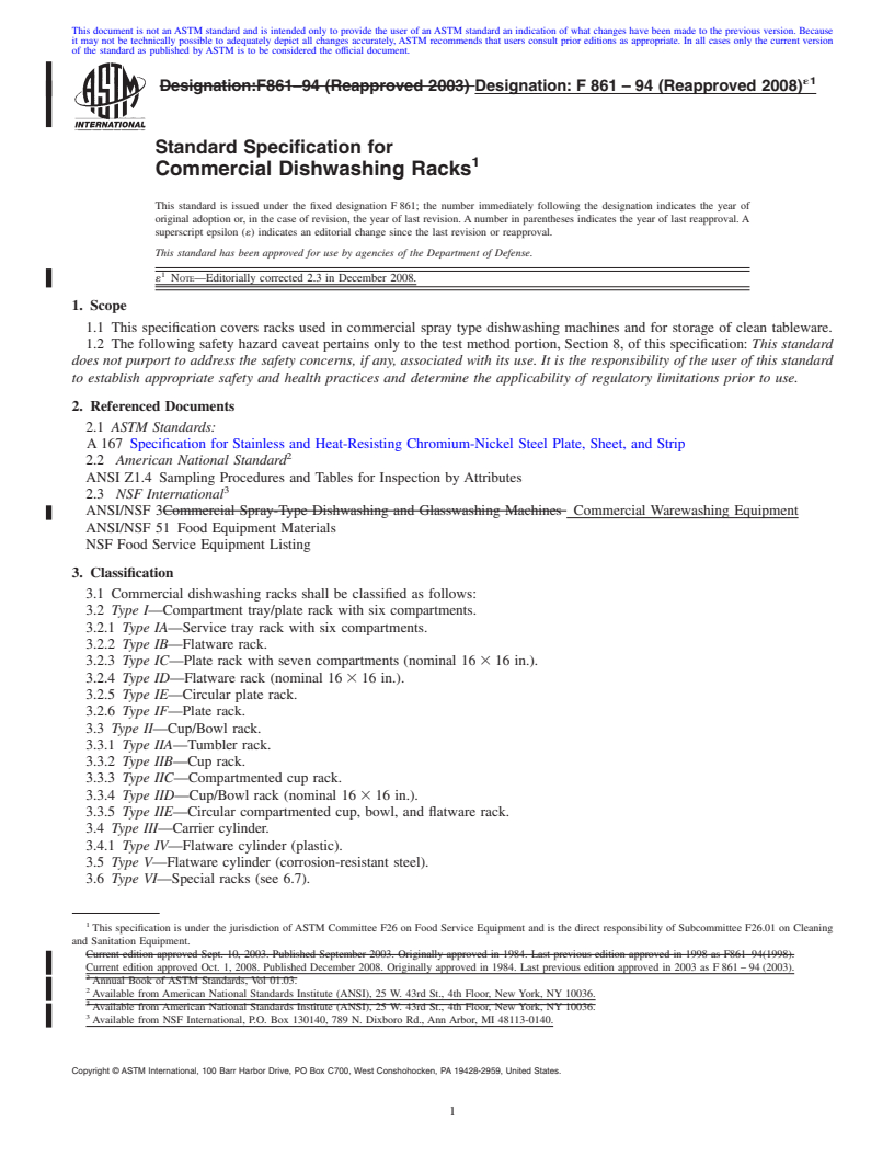 REDLINE ASTM F861-94(2008)e1 - Standard Specification for Commercial Dishwashing Racks