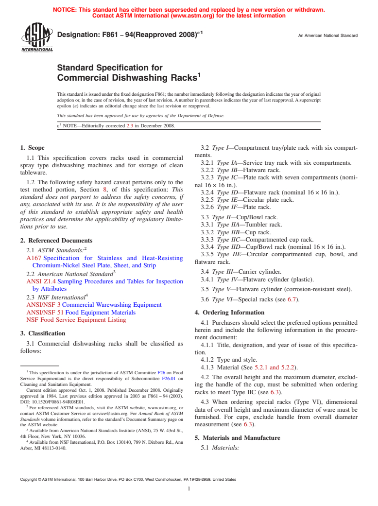 ASTM F861-94(2008)e1 - Standard Specification for Commercial Dishwashing Racks