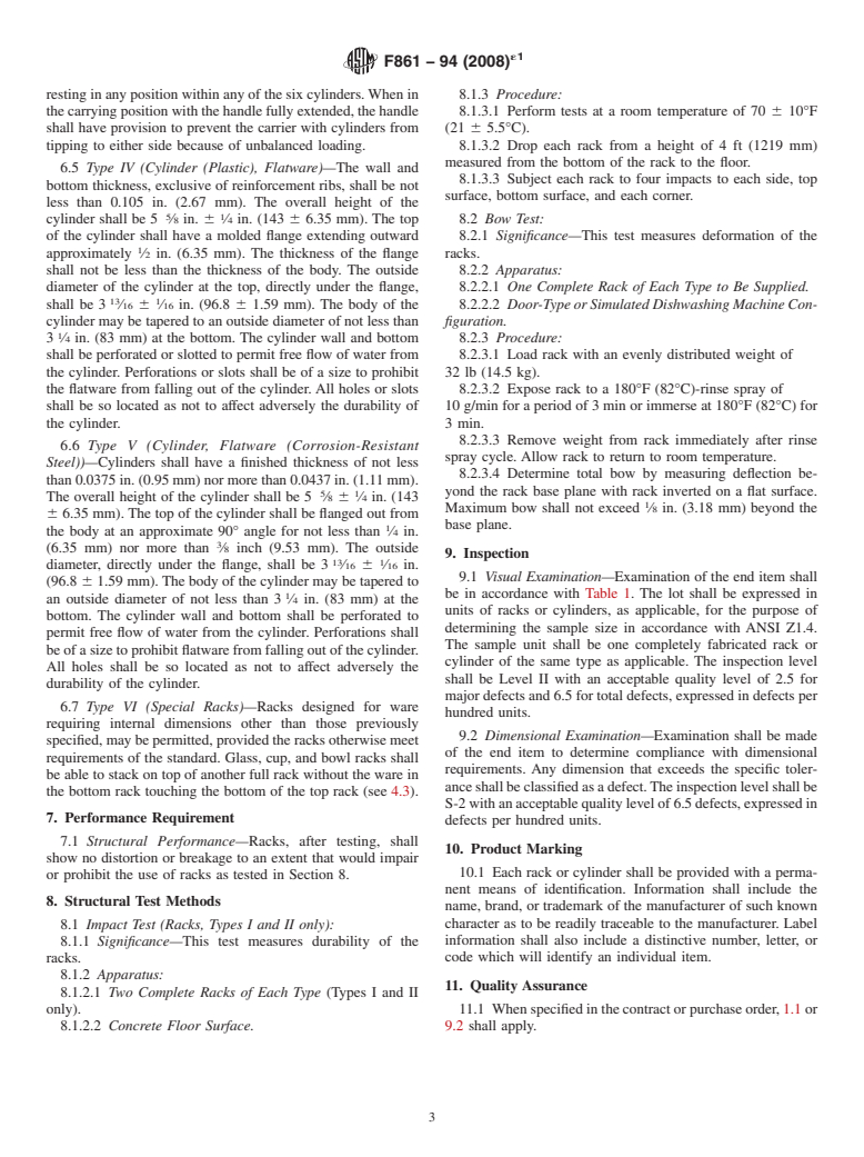 ASTM F861-94(2008)e1 - Standard Specification for Commercial Dishwashing Racks