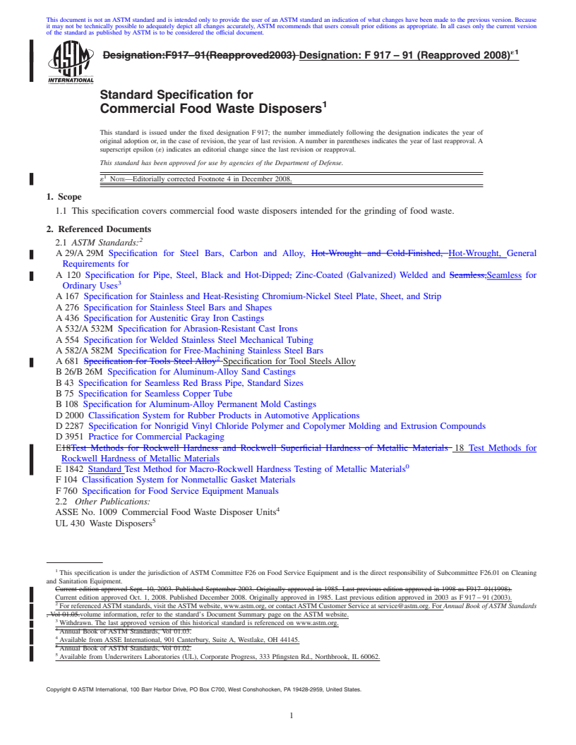 REDLINE ASTM F917-91(2008)e1 - Standard Specification for Commercial Food Waste Disposers