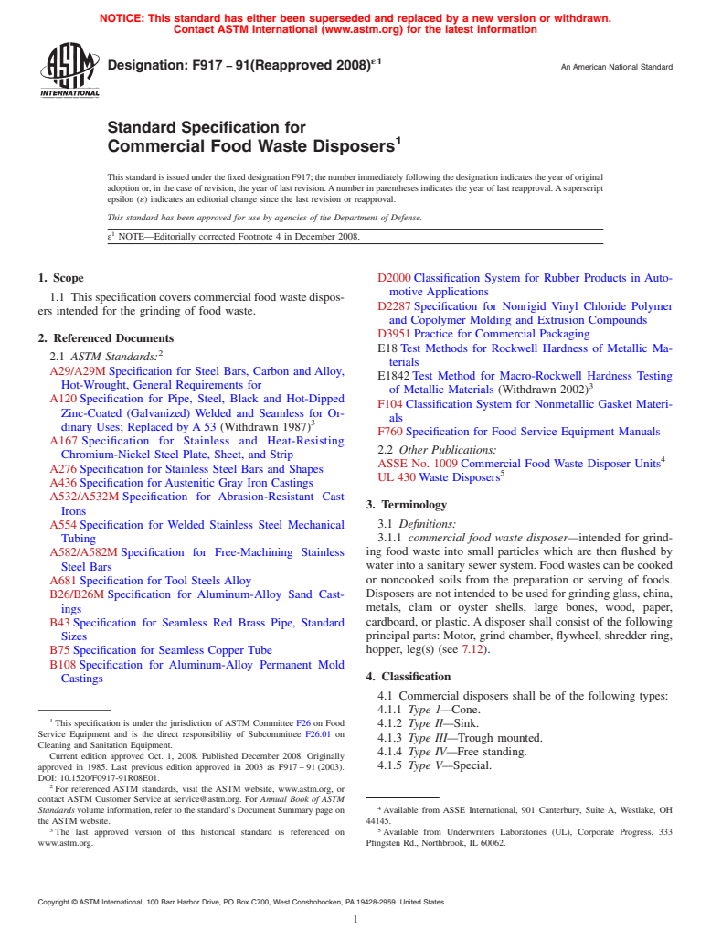 ASTM F917-91(2008)e1 - Standard Specification for Commercial Food Waste Disposers