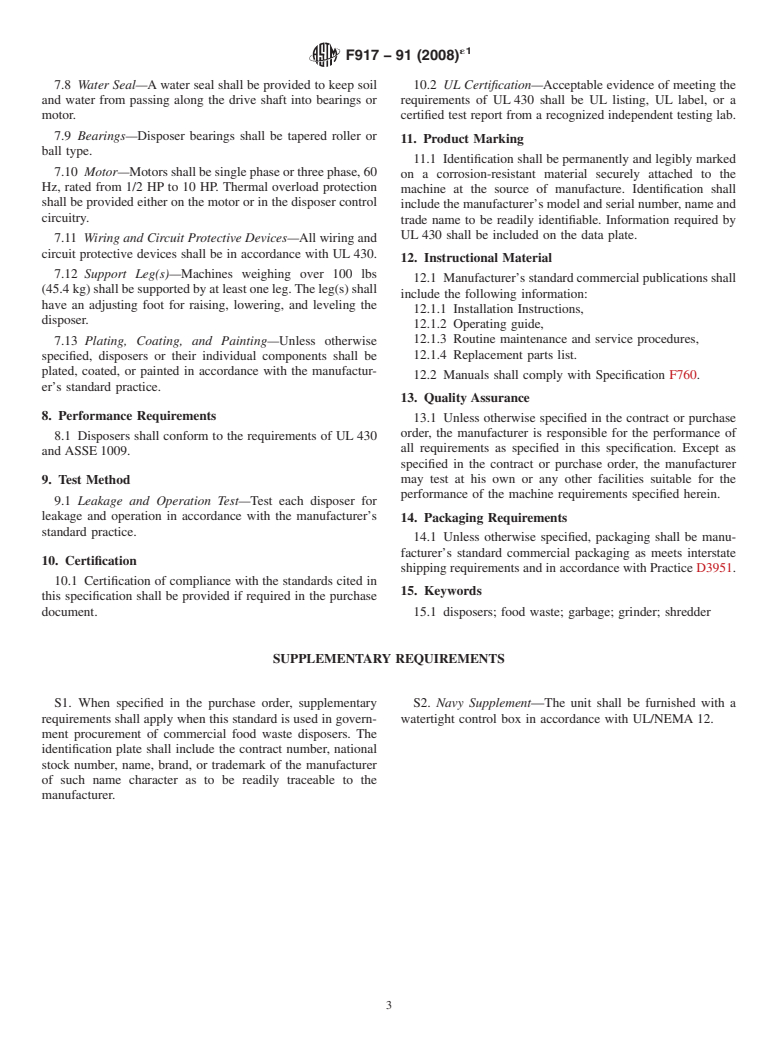 ASTM F917-91(2008)e1 - Standard Specification for Commercial Food Waste Disposers