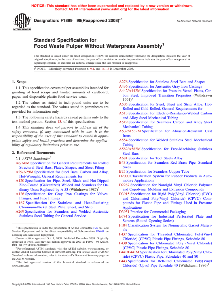 ASTM F1899-98(2008)e1 - Standard Specification for Food Waste Pulper Without Waterpress Assembly