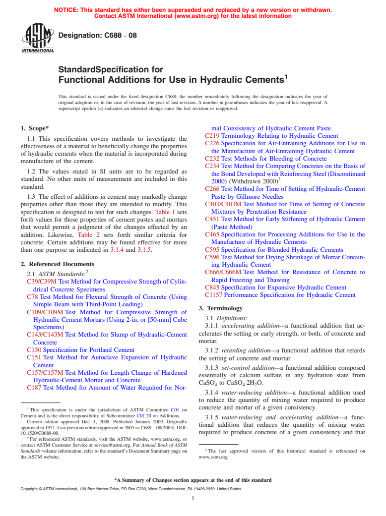 ASTM C688-08 - Standard Specification for Functional Additions for Use in Hydraulic Cements