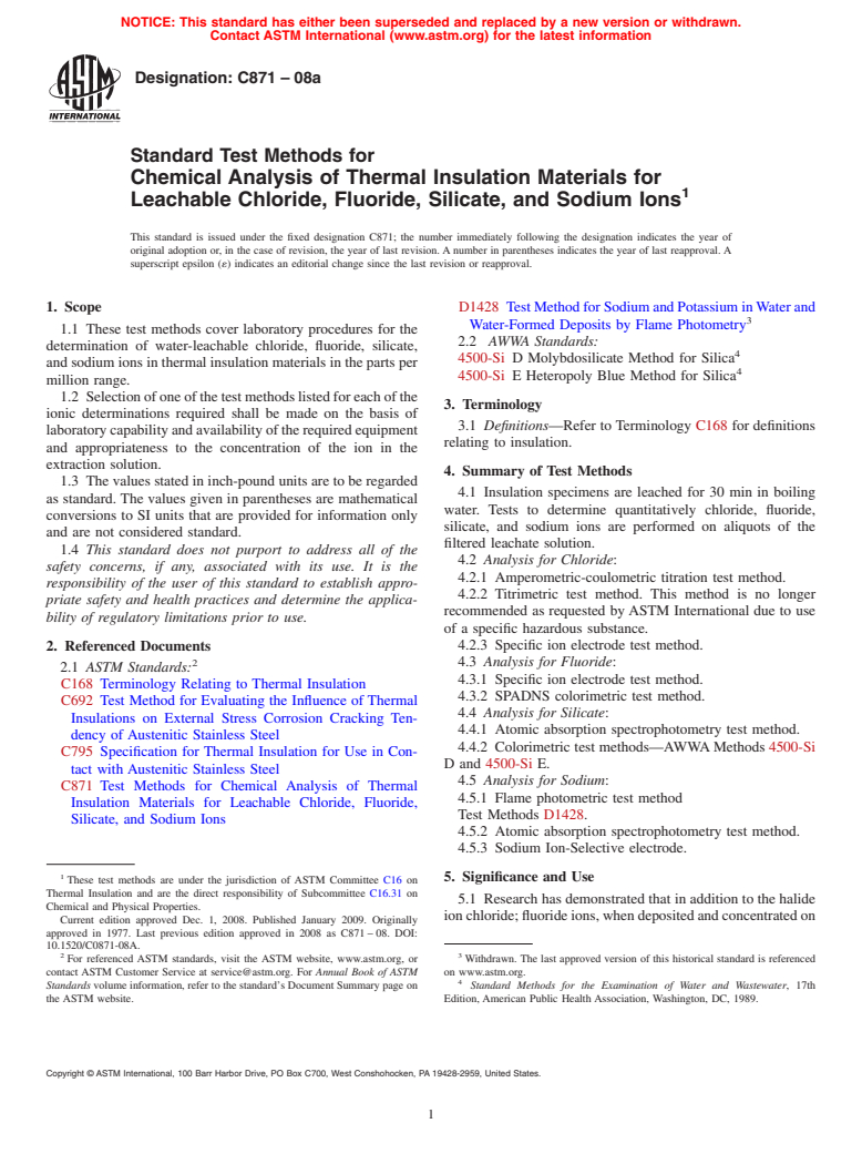 ASTM C871-08a - Standard Test Methods for  Chemical Analysis of Thermal Insulation Materials for Leachable Chloride, Fluoride, Silicate, and Sodium Ions