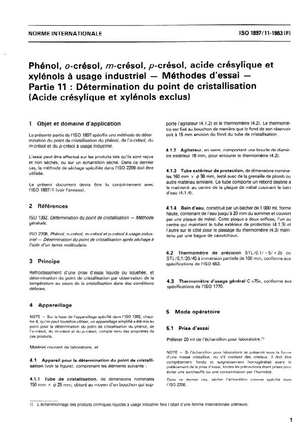 ISO 1897-11:1983 - Phénol, o-crésol, m-crésol, p-crésol, acide crésylique et xylénols a usage industriel -- Méthodes d'essai