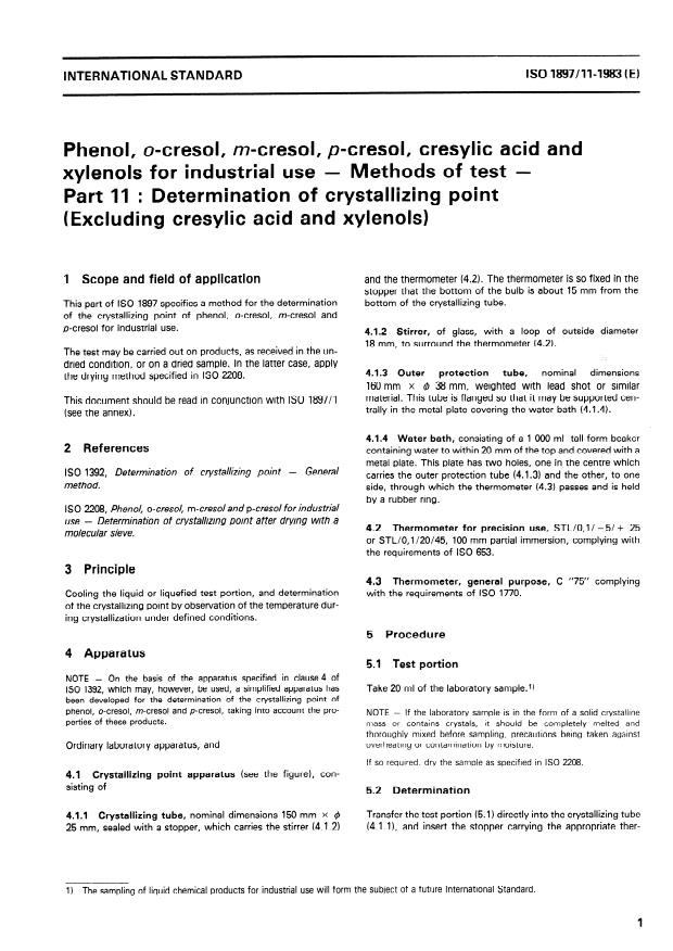 ISO 1897-11:1983 - Phenol, o-cresol, m-cresol, p-cresol, cresylic acid and xylenols for industrial use -- Methods of test