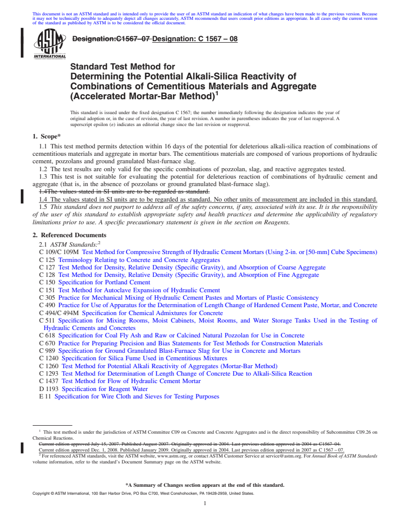 REDLINE ASTM C1567-08 - Standard Test Method for Determining the Potential Alkali-Silica Reactivity of Combinations of Cementitious Materials and Aggregate (Accelerated Mortar-Bar Method)