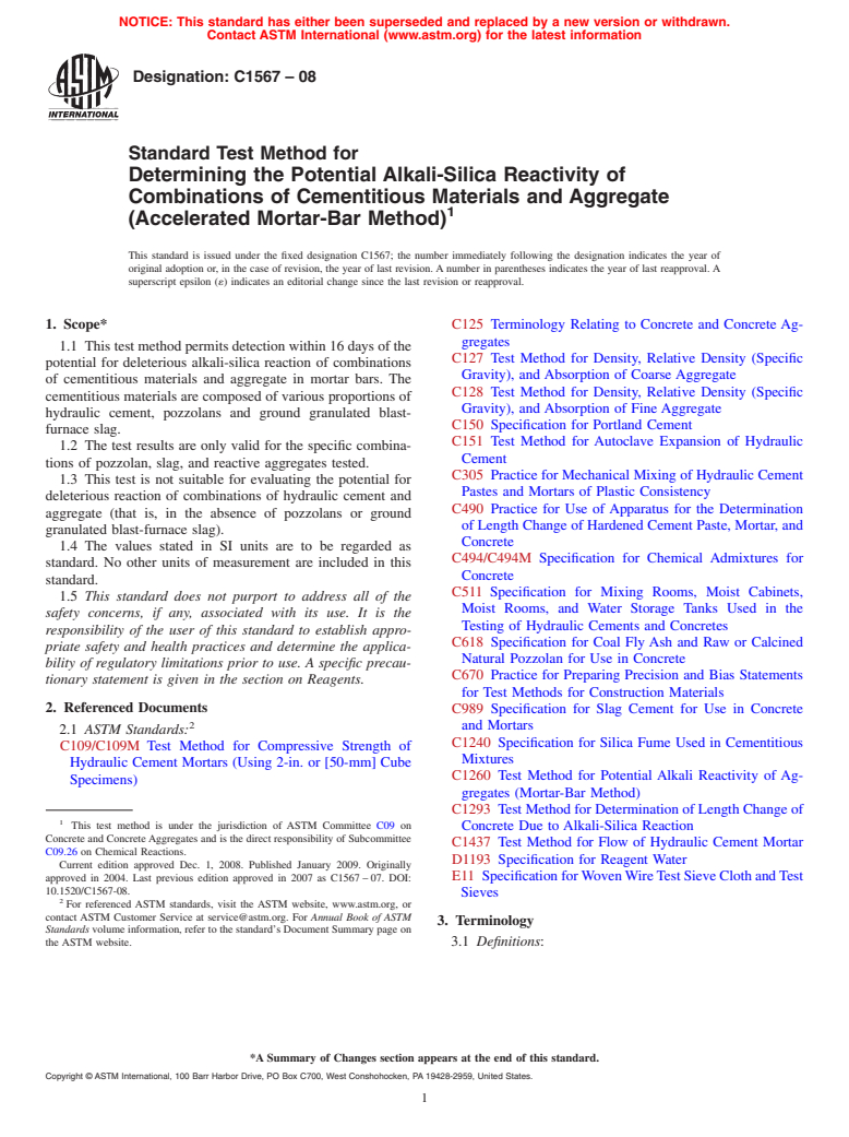 ASTM C1567-08 - Standard Test Method for Determining the Potential Alkali-Silica Reactivity of Combinations of Cementitious Materials and Aggregate (Accelerated Mortar-Bar Method)