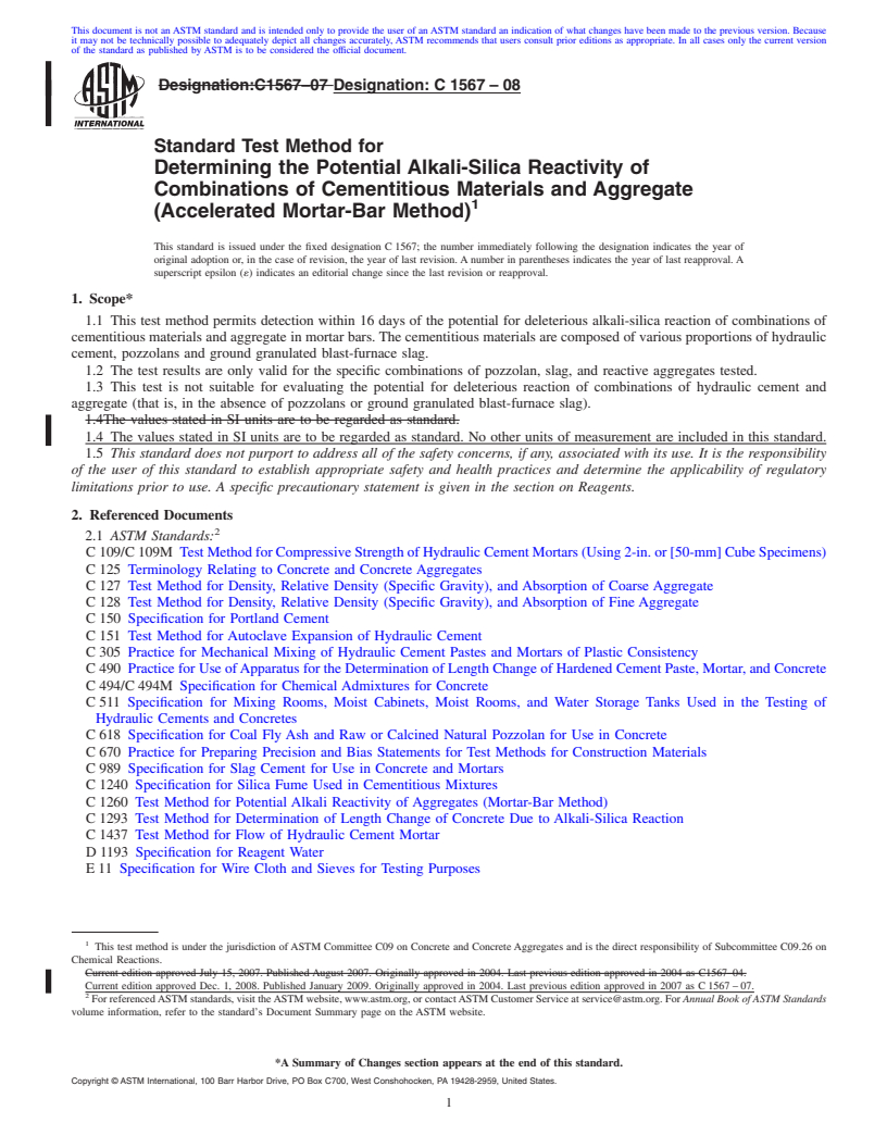 REDLINE ASTM C1567-08 - Standard Test Method for Determining the Potential Alkali-Silica Reactivity of Combinations of Cementitious Materials and Aggregate (Accelerated Mortar-Bar Method)