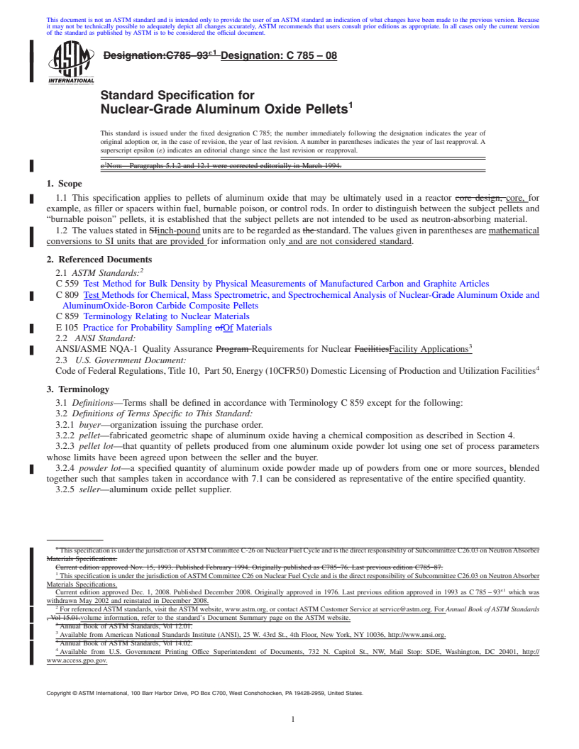 REDLINE ASTM C785-08 - Standard Specification for Nuclear-Grade Aluminum Oxide Pellets