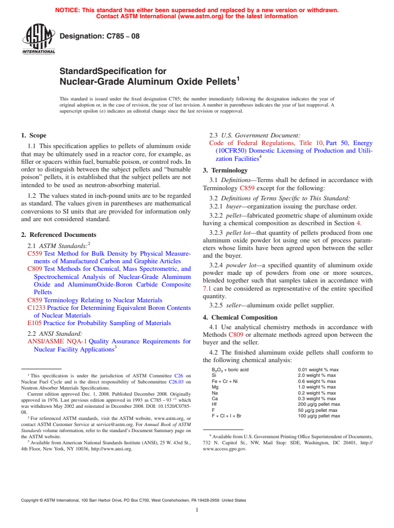 ASTM C785-08 - Standard Specification for Nuclear-Grade Aluminum Oxide Pellets