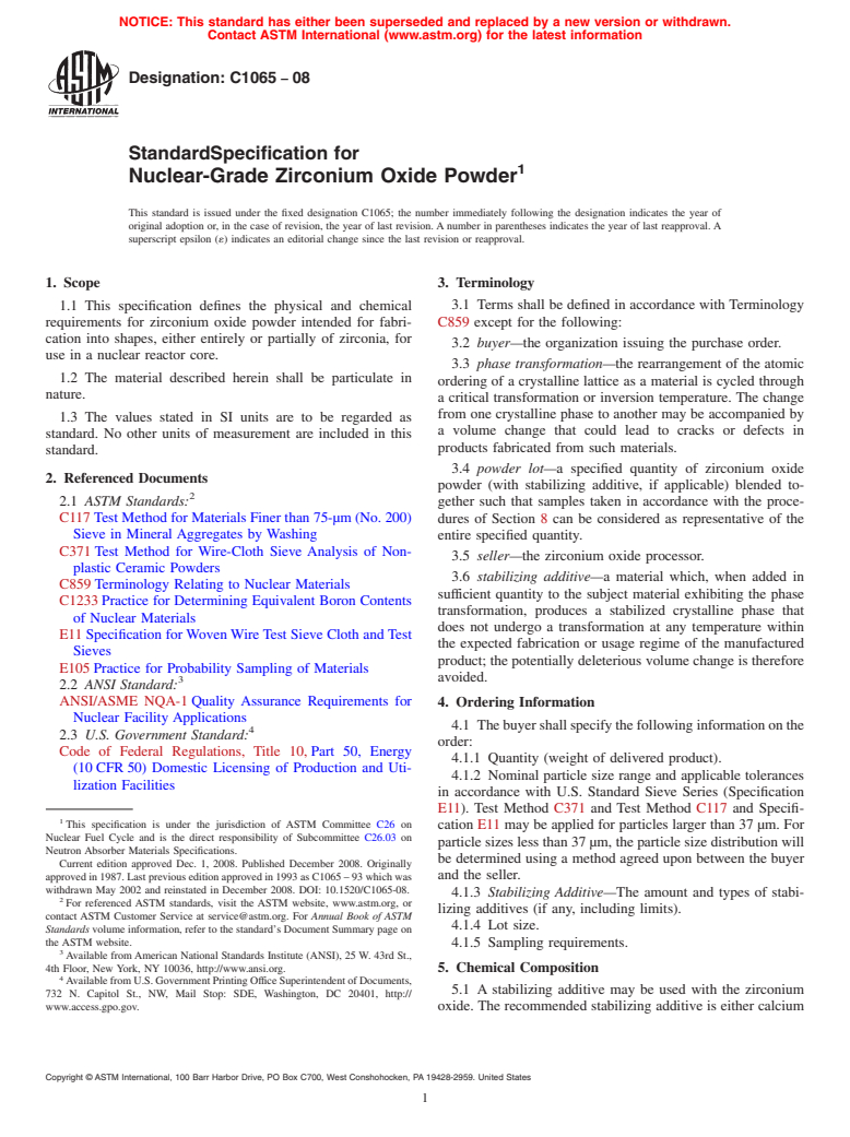 ASTM C1065-08 - Standard Specification for Nuclear-Grade Zirconium Oxide Powder