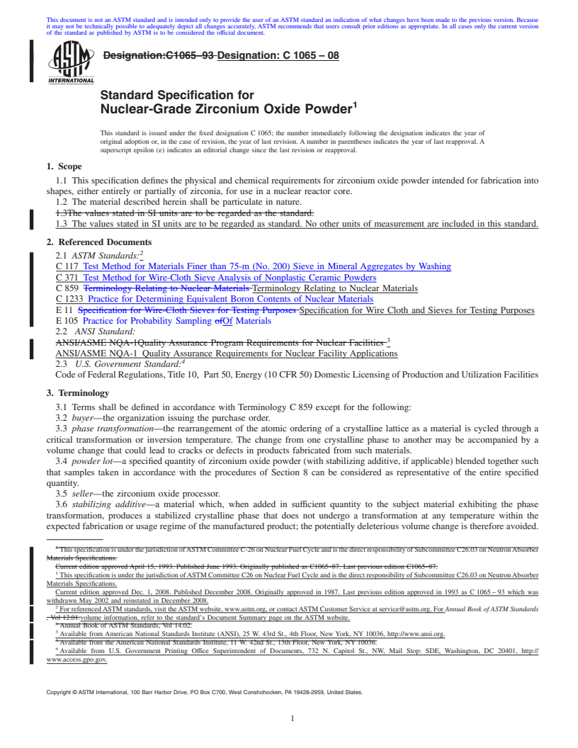 REDLINE ASTM C1065-08 - Standard Specification for Nuclear-Grade Zirconium Oxide Powder