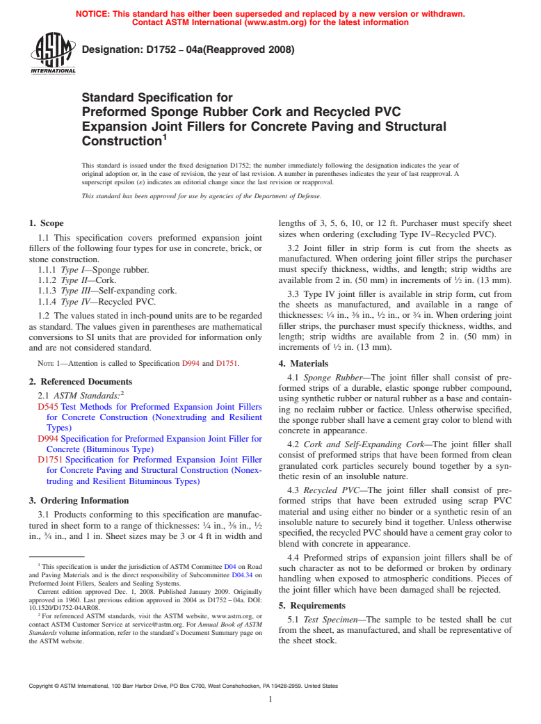 ASTM D1752-04a(2008) - Standard Specification for Preformed Sponge Rubber Cork and Recycled PVC Expansion Joint Fillers for Concrete Paving and Structural Construction