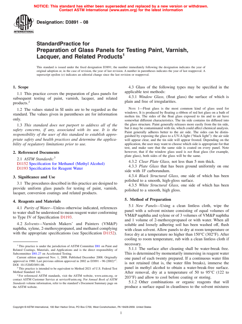 ASTM D3891-08 - Standard Practice for Preparation of Glass Panels for Testing Paint, Varnish, Lacquer, and Related Products