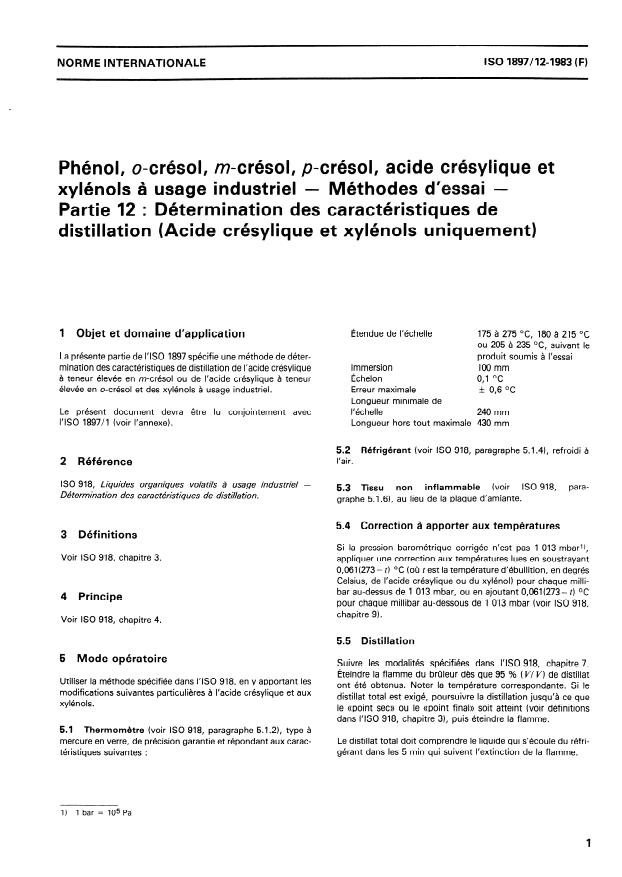 ISO 1897-12:1983 - Phénol, o-crésol, m-crésol, p-crésol, acide crésylique et xylénols a usage industriel -- Méthodes d'essais