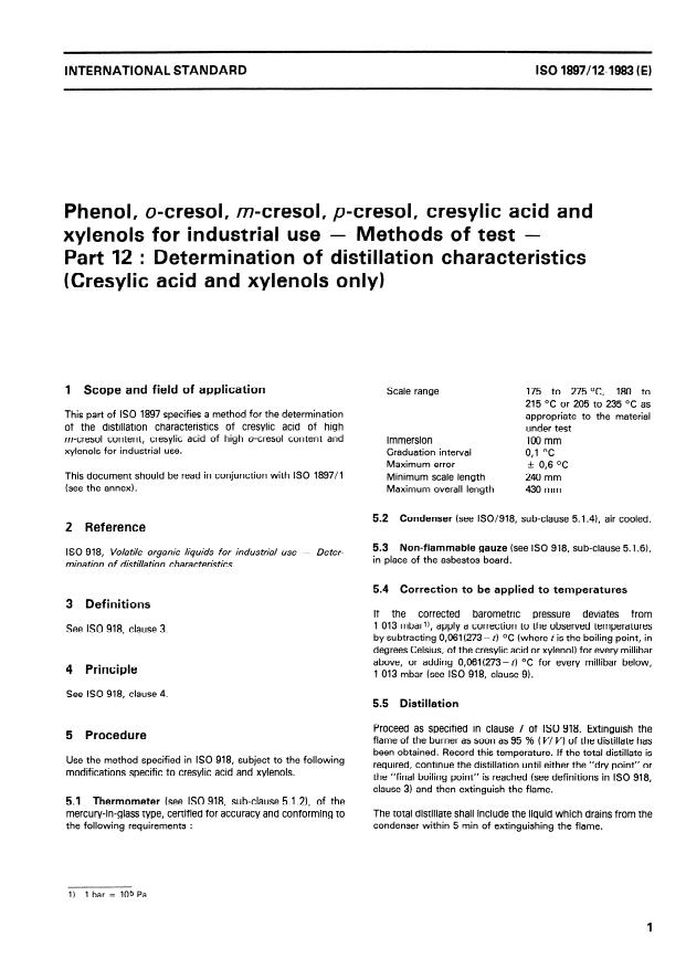 ISO 1897-12:1983 - Phenol, o-cresol, m-cresol, p-cresol, cresylic acid and xylenols for industrial use -- Methods of test