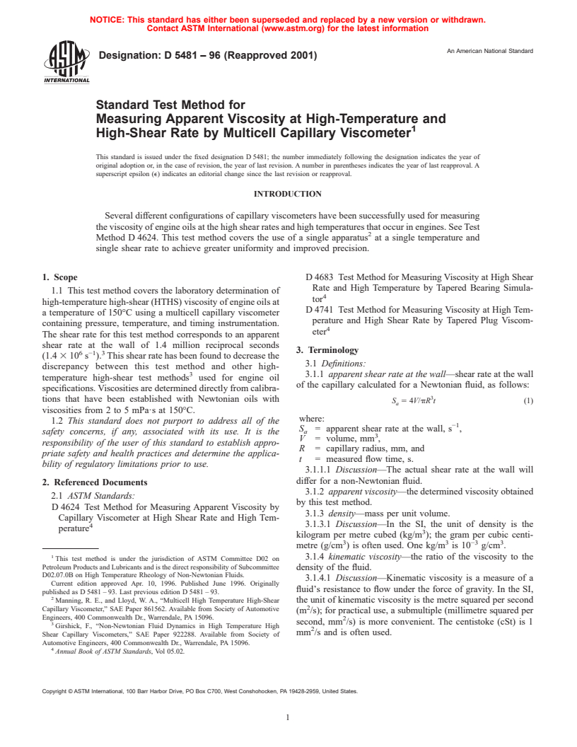 ASTM D5481-96(2001) - Standard Test Method for Measuring Apparent Viscosity at High-Temperature and High-Shear Rate by Multicell Capillary Viscometer