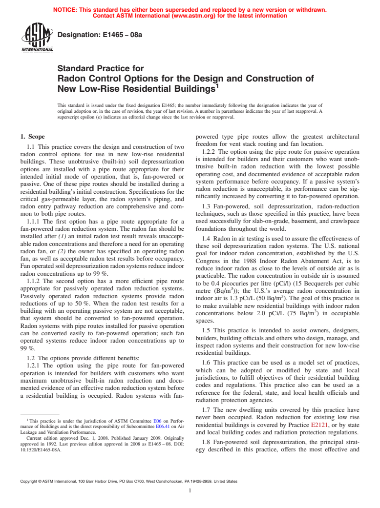 ASTM E1465-08a - Standard Practice for Radon Control Options for the Design and Construction of New Low-Rise  Residential Buildings (Withdrawn 2017)