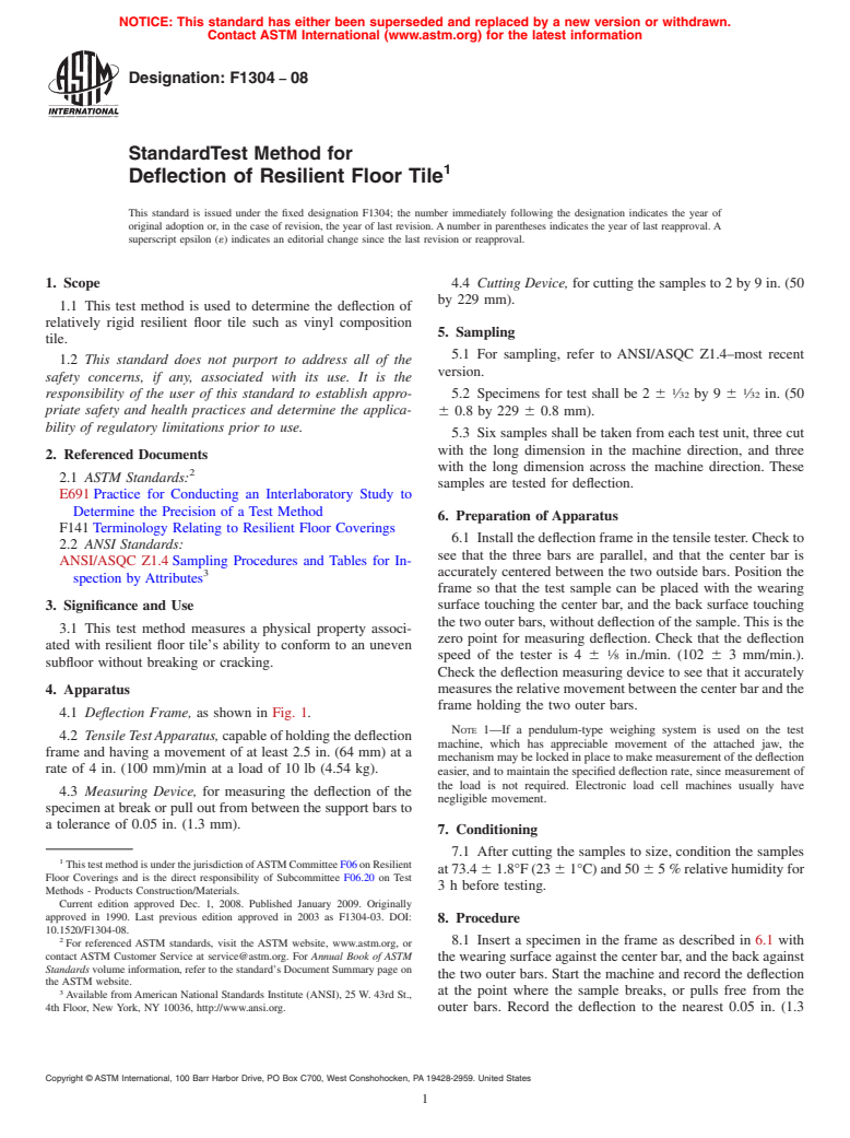 ASTM F1304-08 - Standard Test Method for Deflection of Resilient Floor Tile