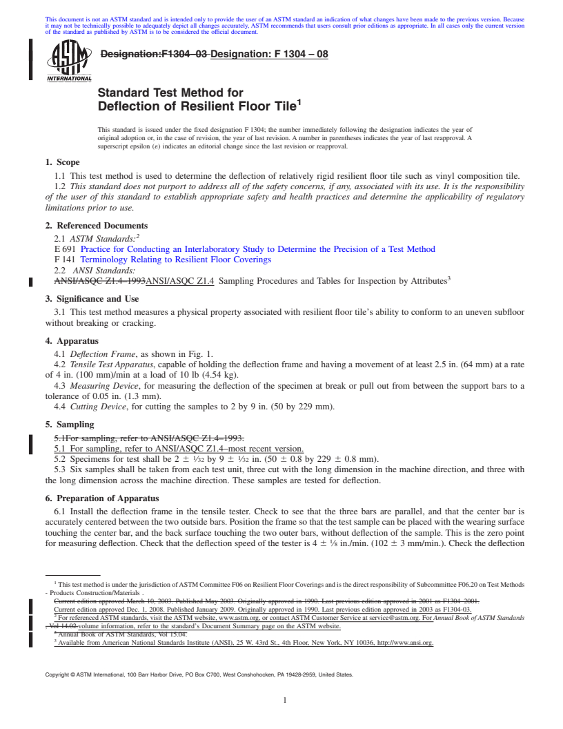 REDLINE ASTM F1304-08 - Standard Test Method for Deflection of Resilient Floor Tile