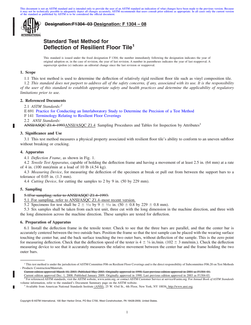 REDLINE ASTM F1304-08 - Standard Test Method for Deflection of Resilient Floor Tile